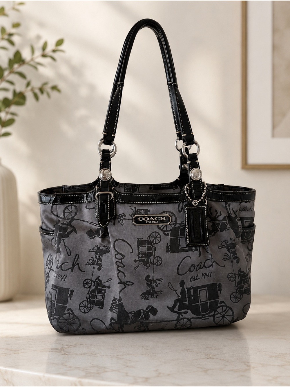 Coach Horse & Carriage Print Tote Bag Gray Black Patent Trim Style F16563
